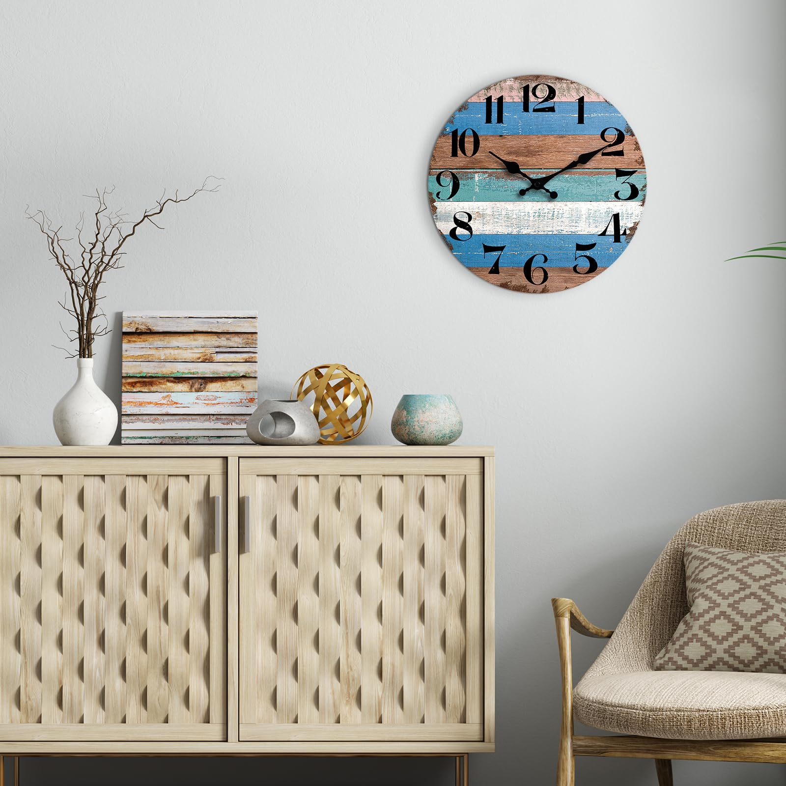 Wall Clock 10 Inch Countryside Wall Clock Rustic Wooden Wall Clocks Retro Vintage Style Silent Non Ticking Battery Operated Decorative for Living Room,Kitchen,Bedroom,Office,Bar(Blue)