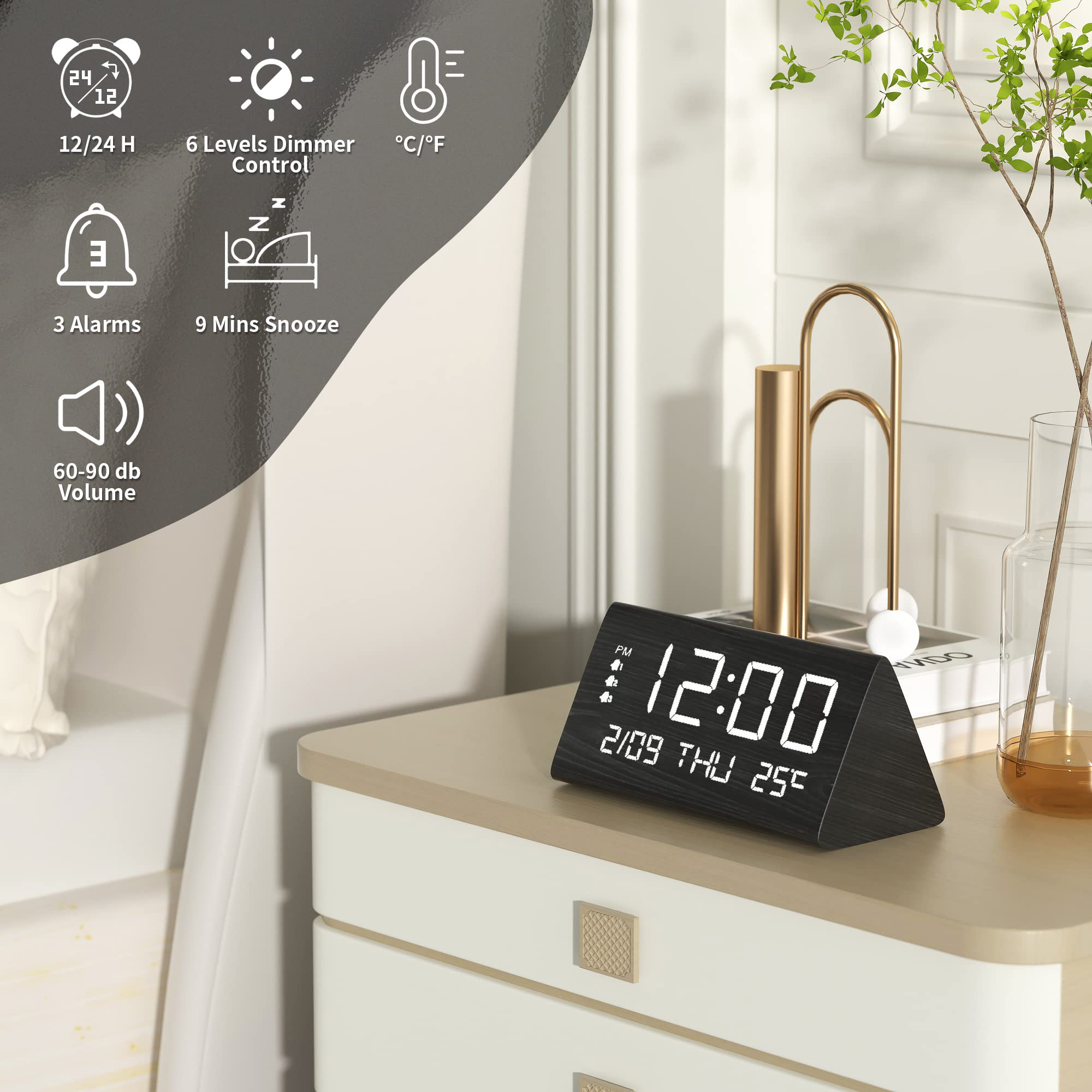 JALL Digital Alarm Clock, with Wooden Electronic LED Time Display, 3 Alarm Settings, Weekday/Weekend Mode, Temperature Detect, Wood Made Electric Clocks for Office, Bedroom, Bedside (Black)